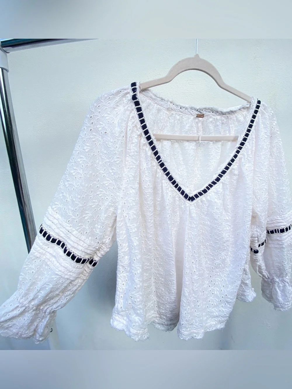Free People White Eyelet Lace & Navy Blue Velvet Bishop Sleeve Top Size XS
